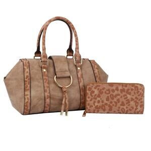 Leopard Stone Duffle Satchel Bag with Wallet Crossbody Strap